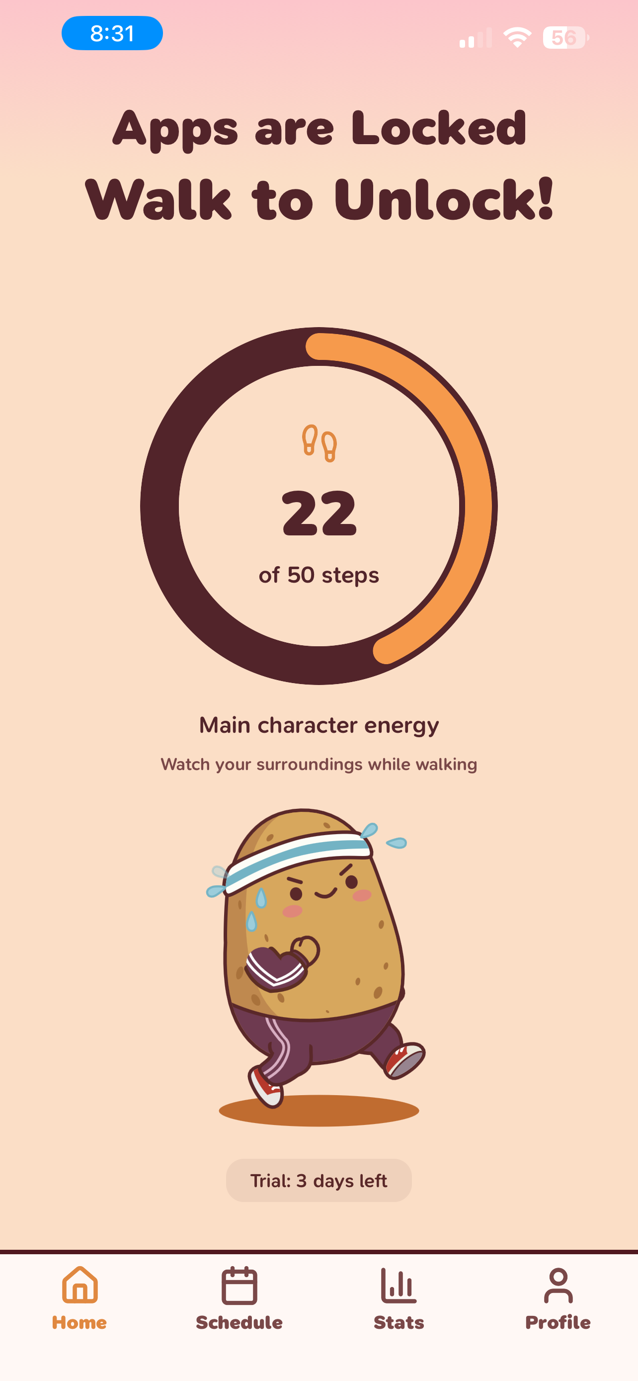 Couch Potato app showing Apps are Locked - Walk to Unlock with a step counter